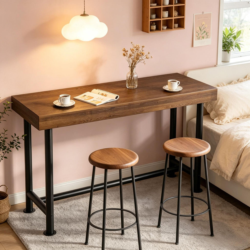 63" Rectangular Solid Wood Bar Table Counter Height Pub Table with Metal Legs for Home Kitchen Dining Room