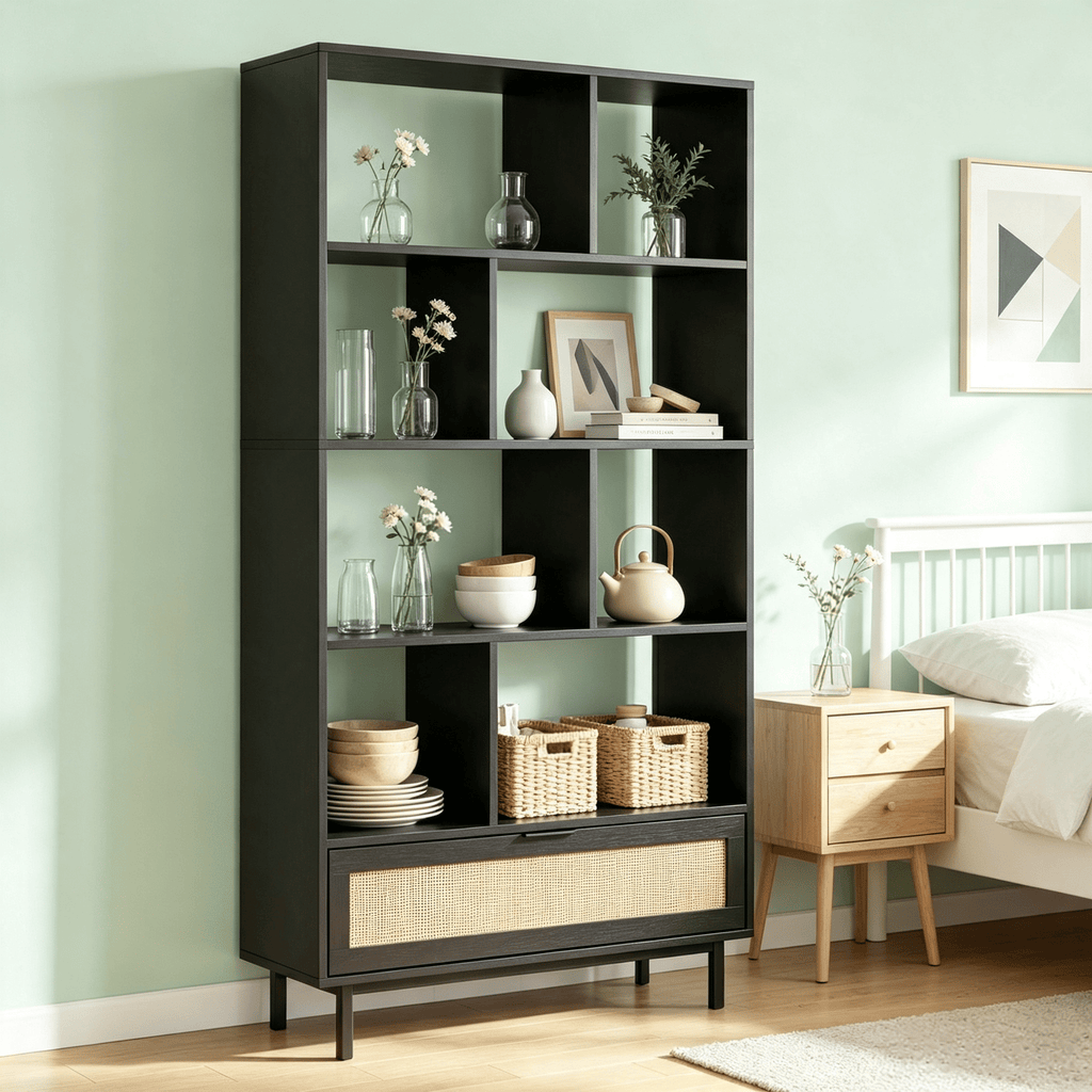 64 Inch 6-Tier Tall Wooden Bookcase with 8 Open Cubes for Living Room Bedroom Hallway Storage Organizer Rack