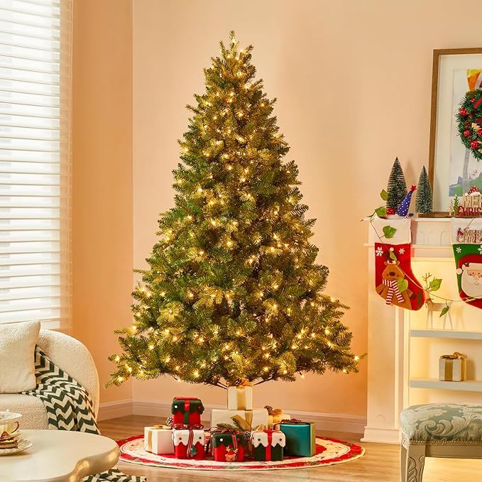 6.5 FT Christmas Trees with Lights, Pre-Lit Green Artificial Hinged Spruce Christmas Tree with 1428 Tips, 450 LED for Home, Party Decoration (Green 6.5FT