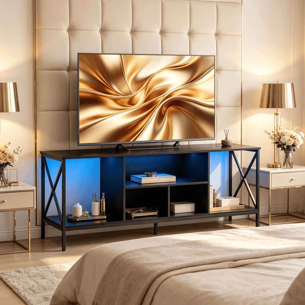 65 Inch TV Stand with LED Lights Entertainment Center with Power Outlets Modern Living Room Furniture