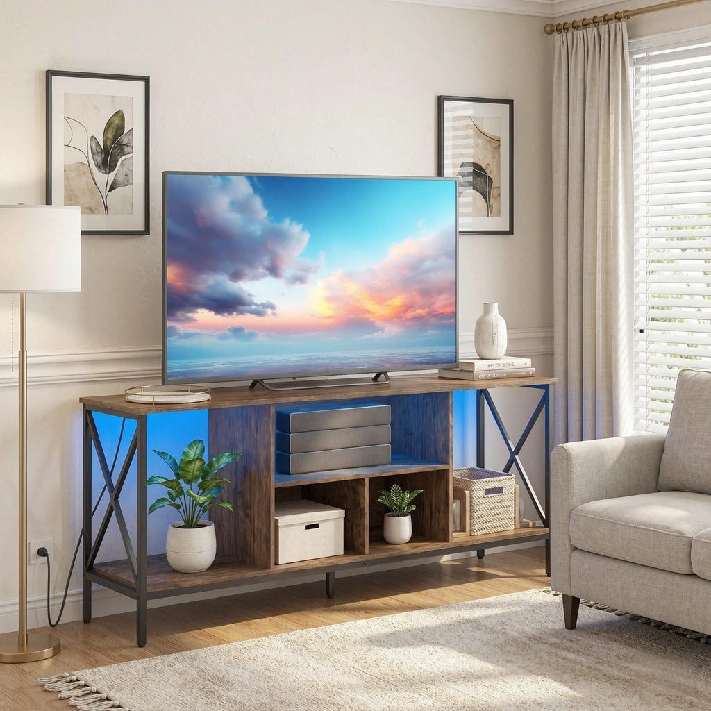 65 Inch TV Stand with LED Lights Entertainment Center with Power Outlets Modern Living Room Furniture