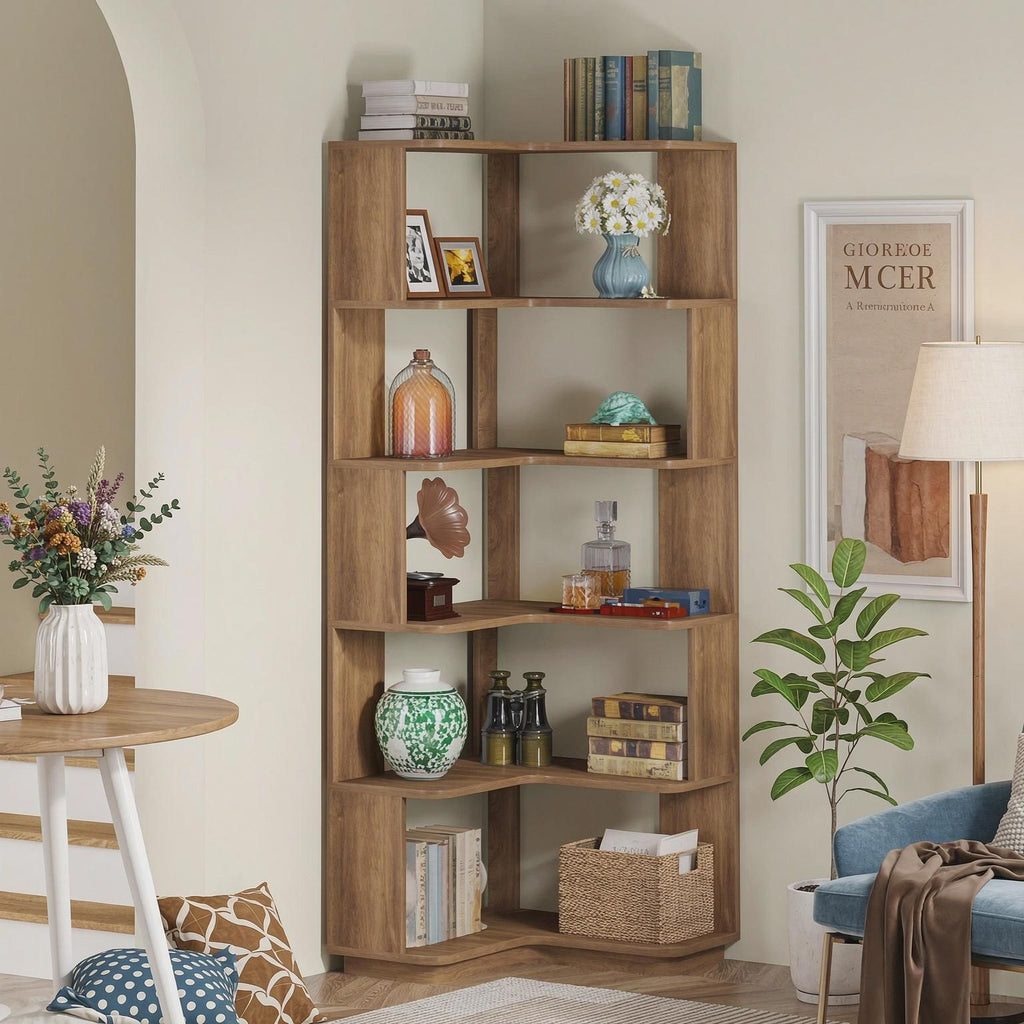 65" Tall L-Shaped Bookshelf 6-Tier Corner Bookcase Display Rack with Anti-Drop Panel Home Office Storage Organizer