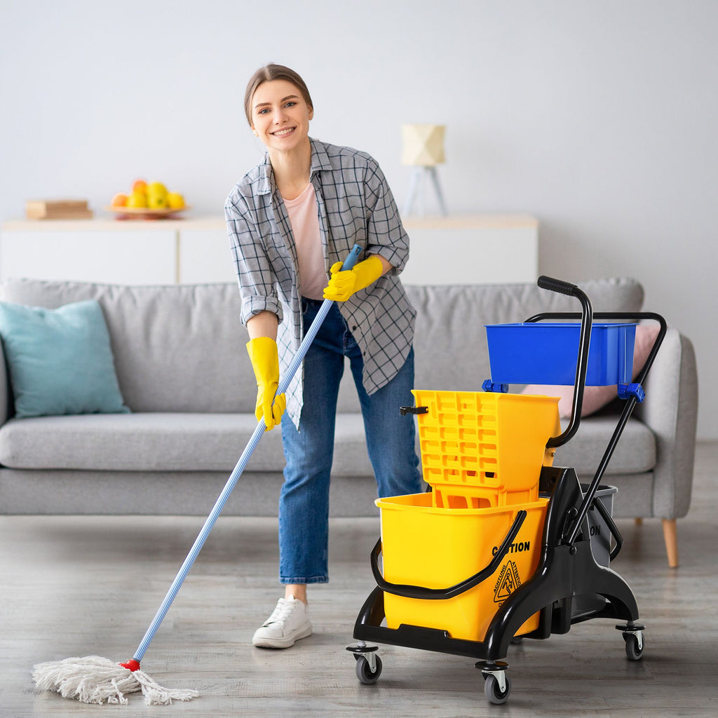 6.9 Gallon Mop Bucket Wringer Cart Easy Side Press Yellow/Black Smooth Wheels & Mop-Handle Holder