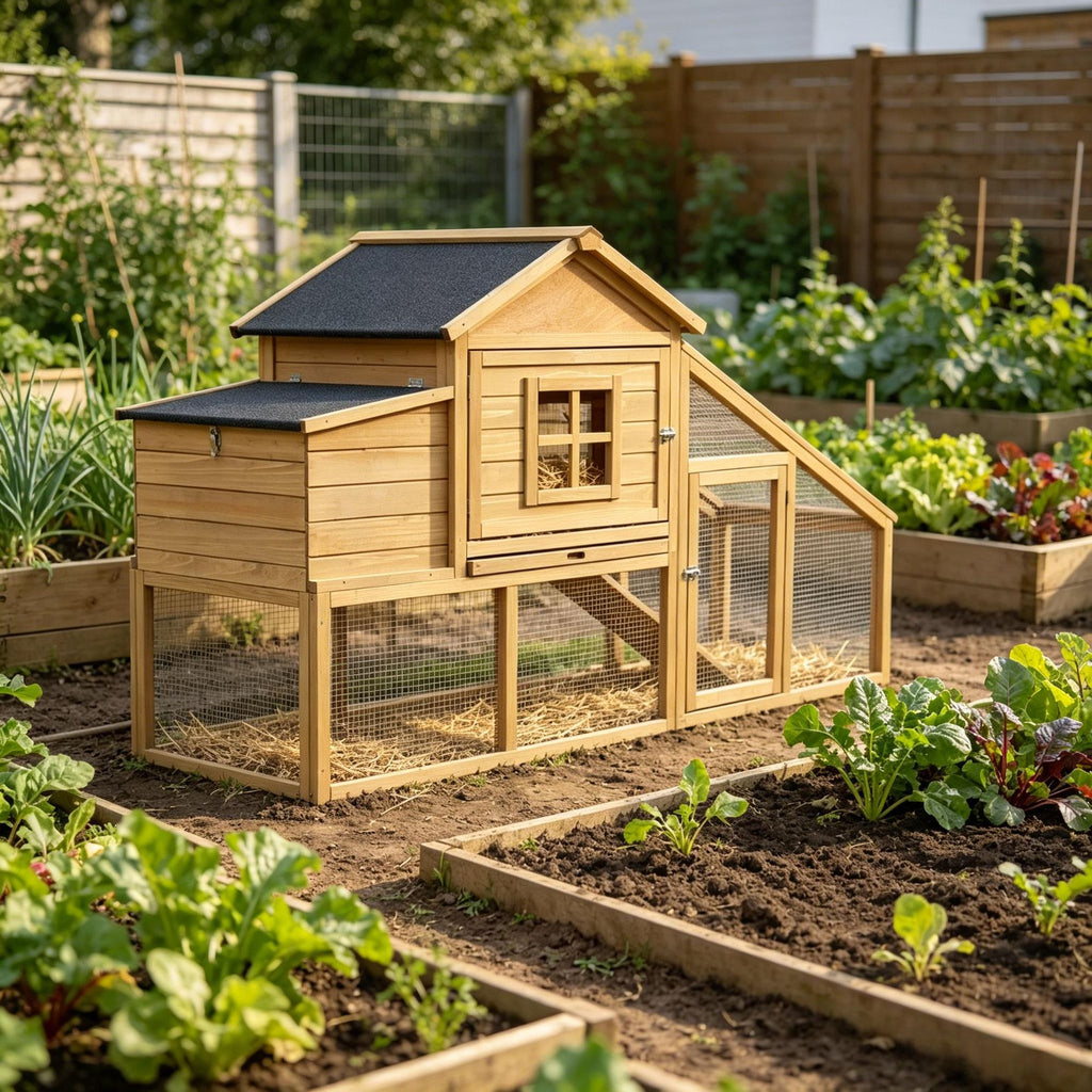 69" Wooden Chicken Coop Poultry Cage Hen House with Connecting Ramp Tray Ventilated Window And Nesting Box for Animal Housing