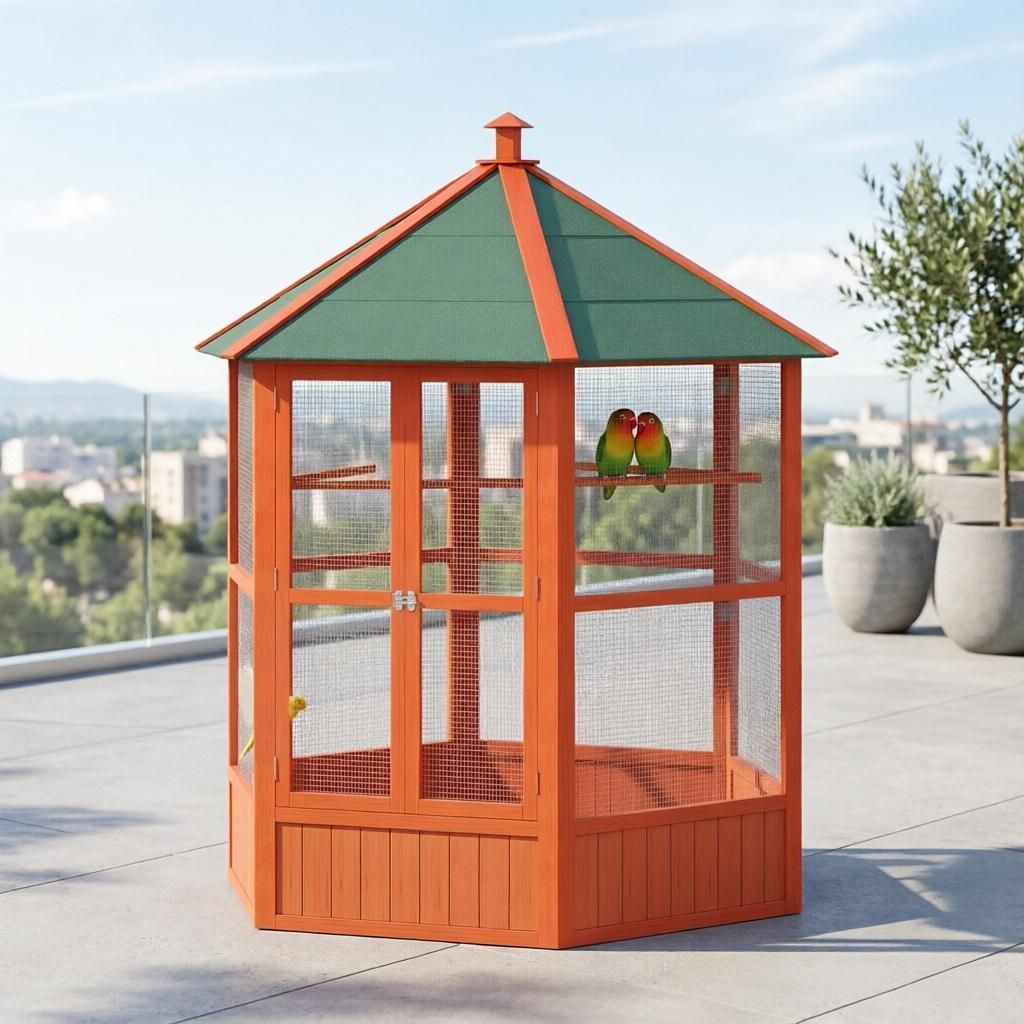 69" Wooden Hexagonal Bird Cage for Outdoor Aviary with Covered Roof Brown Flight Cage for Birds