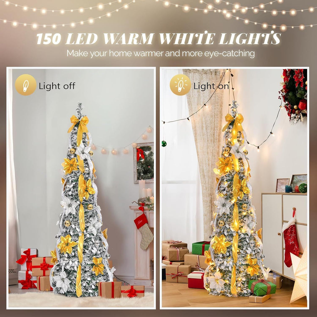 6ft Pop up Artificial Christmas Pine Tree with 150 Warm White Lights, Xmas Tree Holiday Party Decorations with Sturdy Metal Stand (Gold&Silver)