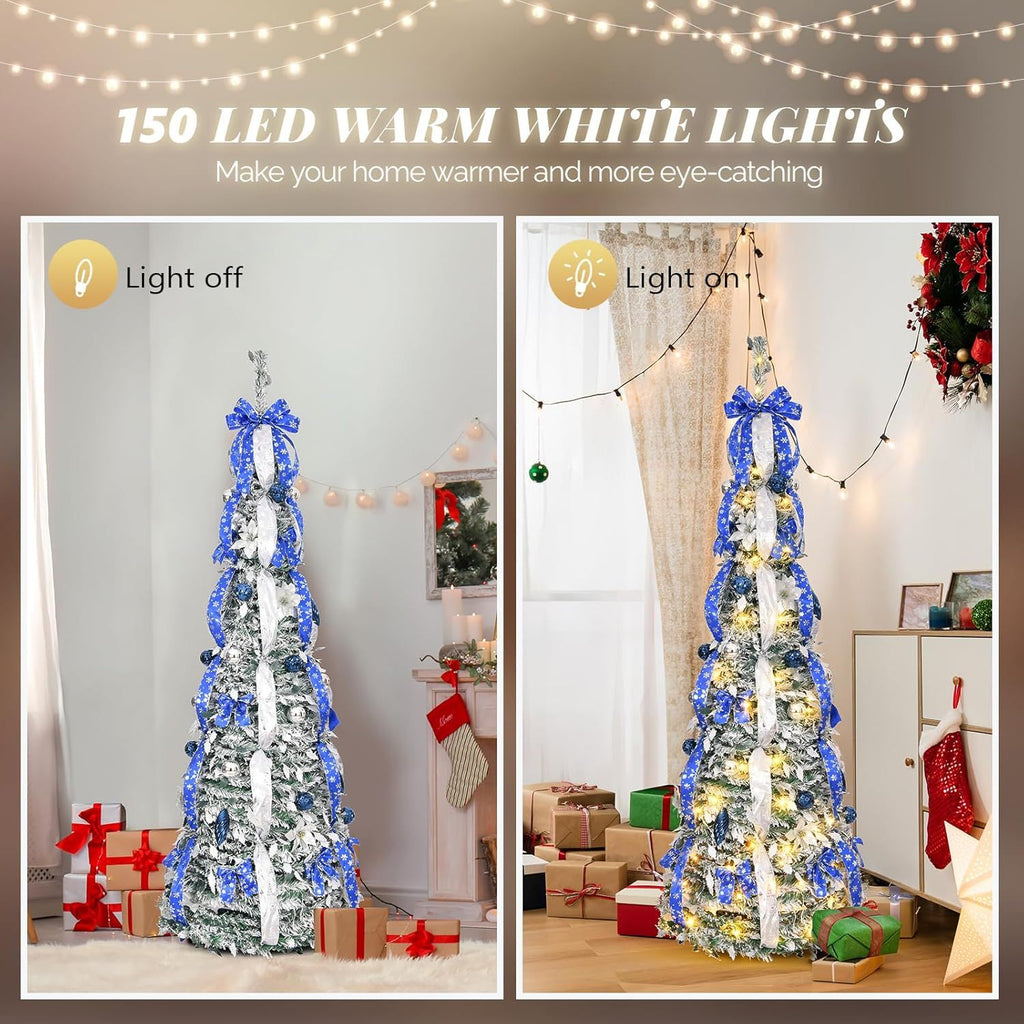 6ft Pop up Artificial Christmas Pine Tree with 150 Warm White Lights, Xmas Tree Holiday Party Decorations with Sturdy Metal Stand (Gold&Silver)