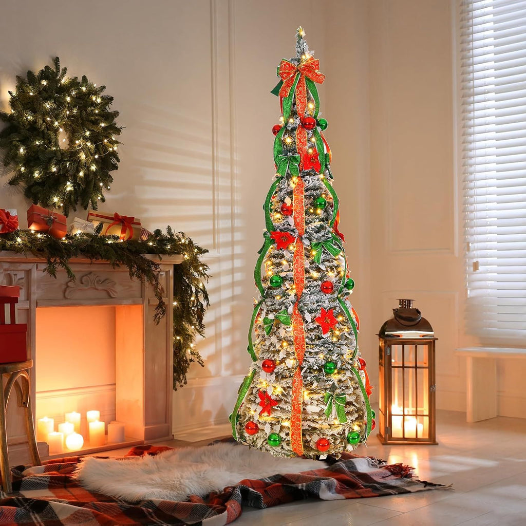 6ft Pop up Artificial Christmas Pine Tree with 150 Warm White Lights, Xmas Tree Holiday Party Decorations with Sturdy Metal Stand (Gold&Silver)