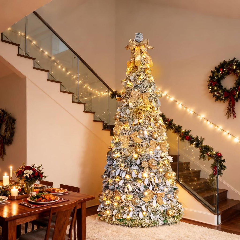 6ft Pop up Artificial Christmas Pine Tree with 150 Warm White Lights, Xmas Tree Holiday Party Decorations with Sturdy Metal Stand (Gold&Silver)
