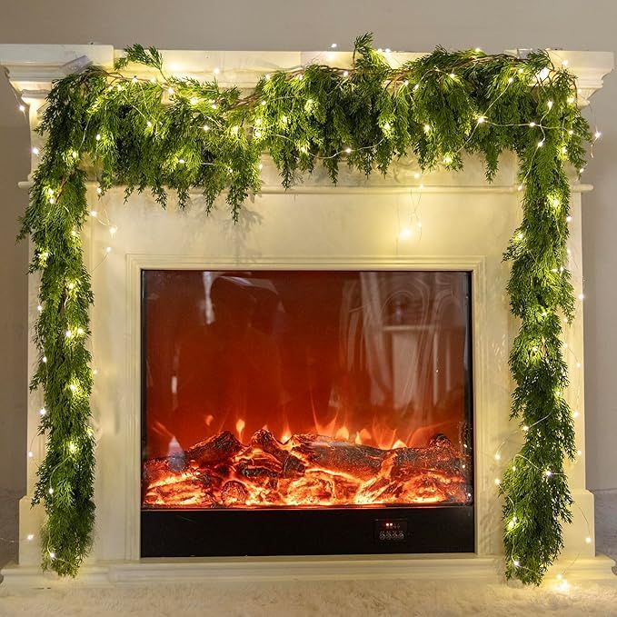 6FT Seasonal Artificial Christmas Garland with LED String Lights Pine Needle Cypress Garland for Holiday Winter Indoor Outdoor Decor