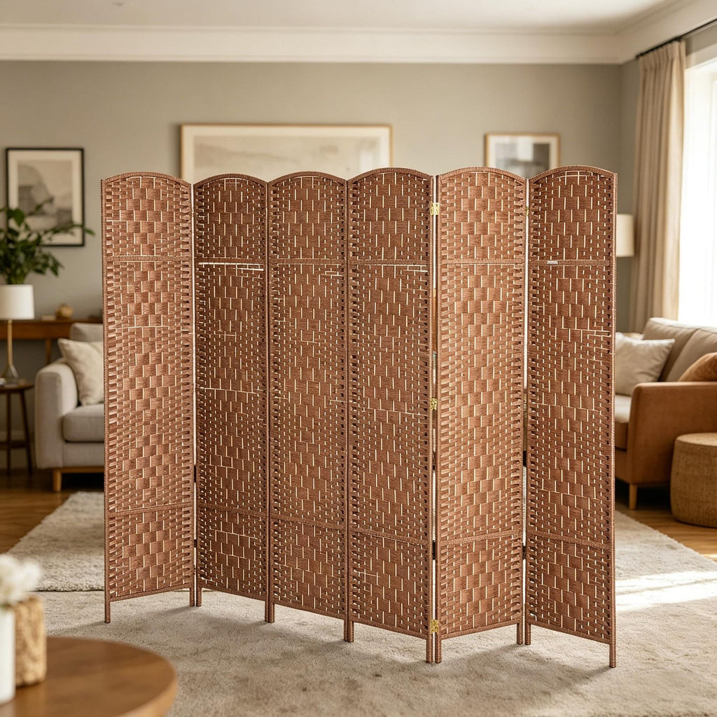 6FT Tall Room Divider 6 Panel Folding Privacy Screen Natural Hand-Woven Paper Rope Partition with 360° Hinges for Room Separation