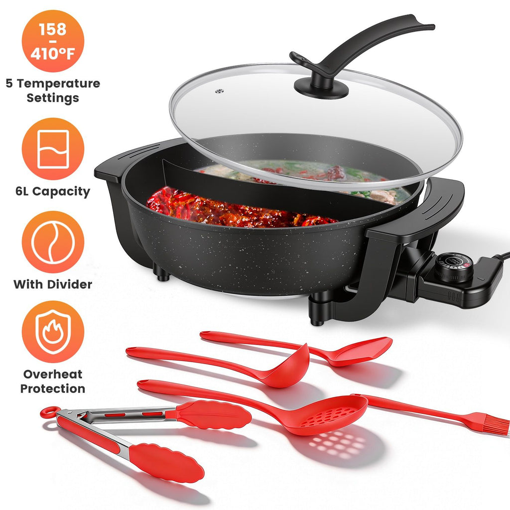 6L Electric Hot Pot with Divider 1100W Dual-Flavor Pot Shabu Shabu Pot Non-Stick with 5-Temp Control for Shabu Shabu Fondue Perfect for Family Gatherings & Parties