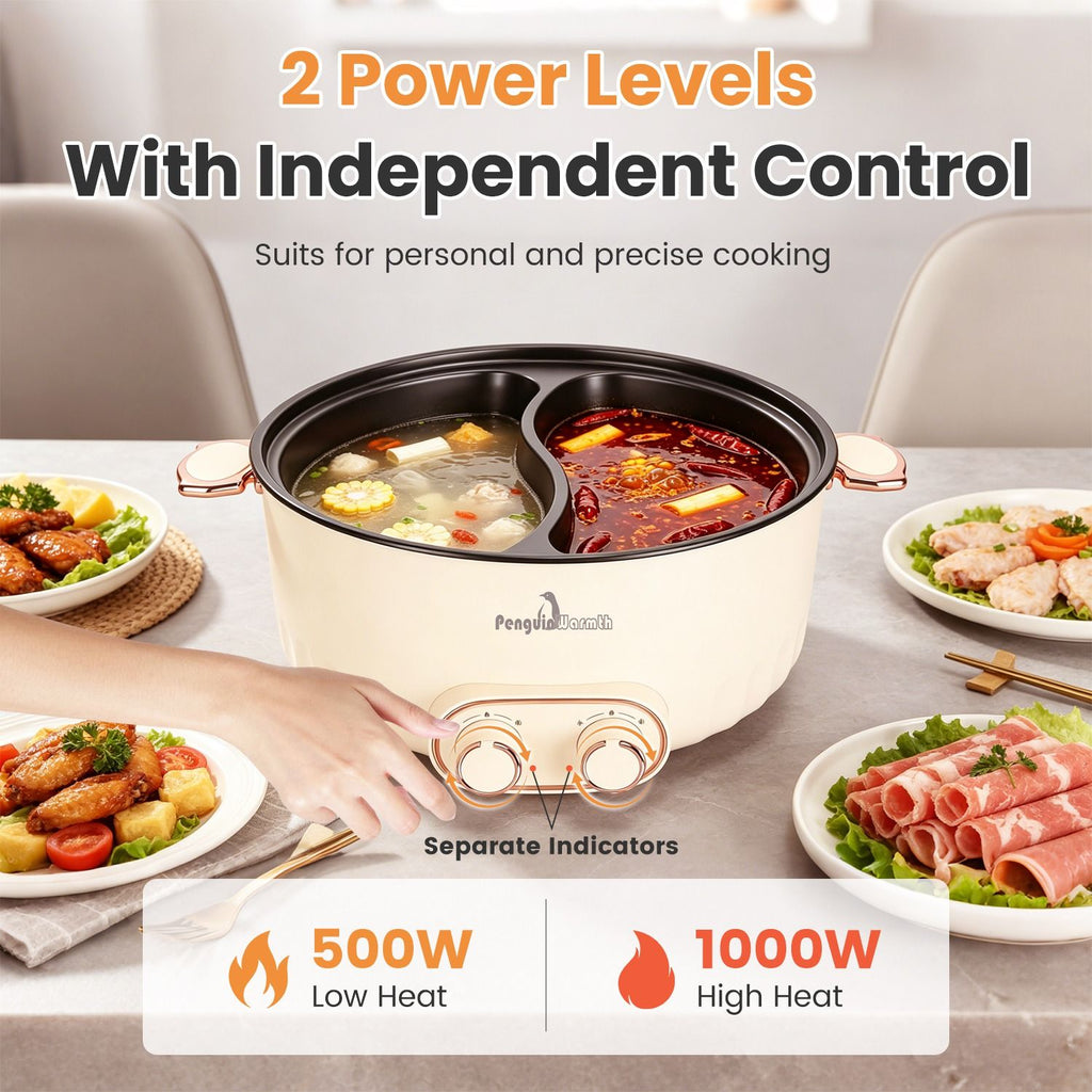 6L/1.59Gal Electric Hot Pot with Divider and Lid 2000W Stainless Steel with 2 Heat Settings Independent Control Overheat Protection Ladle & Slotted Spoon for Hot Pot Soup Noodles