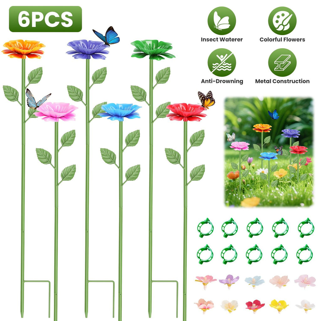 6Pack Metal Bee Watering Stations, Anti-Drowning Bee Butterfly Feeders Pollinator Stakes with Artificial Flowers for Outdoor Garden Courtyard Decor