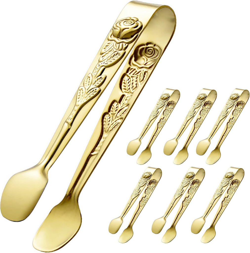 6PCS Mini Serving Tongs 4 Inches Small Rose Sugar Cube Tongs (Gold)