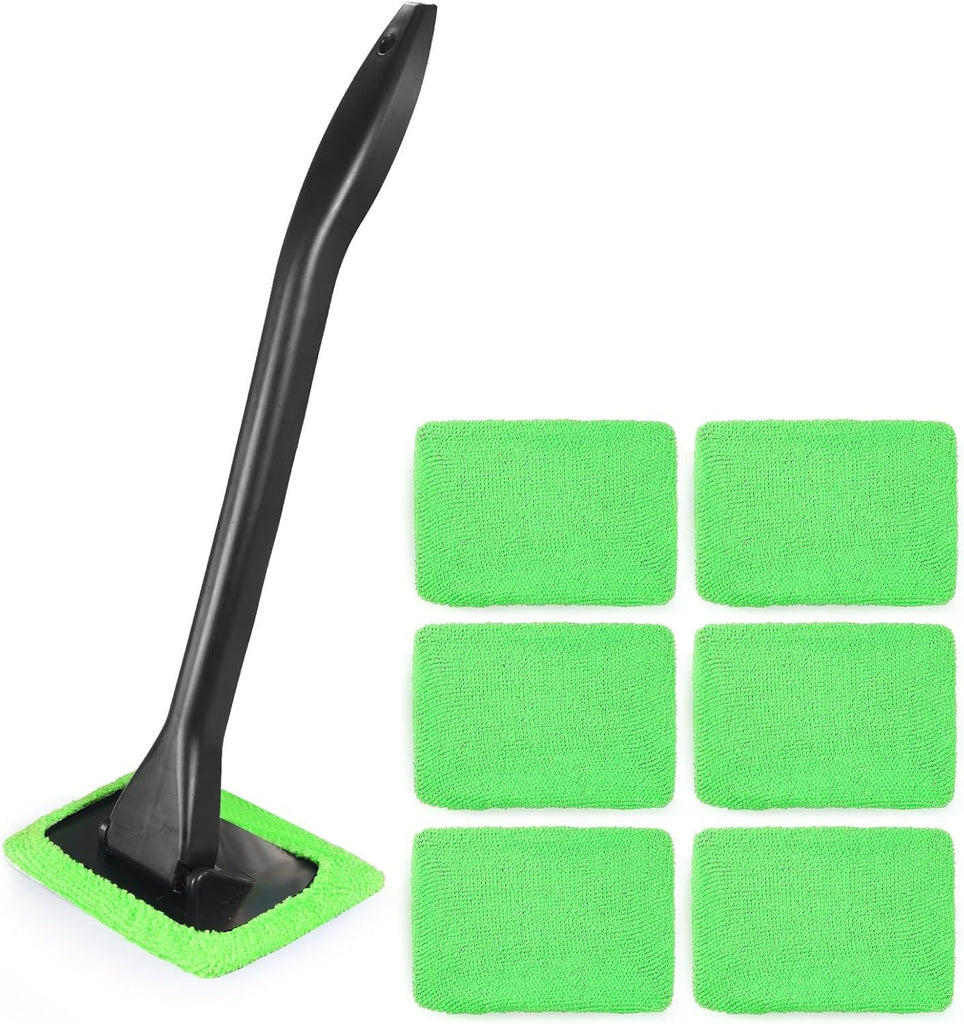 6PCS Windshield Cleaning Tool Car Window Cleaner with 5 Reusable and Washable Microfiber Pads and Extendable Handle Auto Inside Glass Wiper Kit Green (Green)