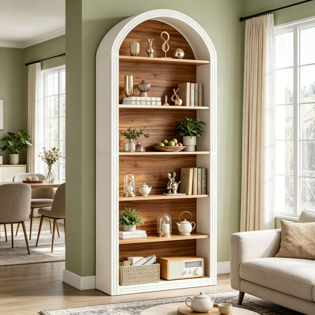 6Tier Tall Wooden Bookshelf Arched Bookcase Display Shelving Unit for Home Office Organizing