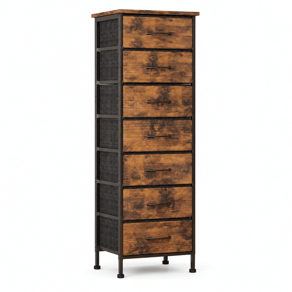 7-Drawer Dresser for Bedroom, Narrow Tall Fabric Dresser with Wood Top, Chest of Drawers Storage Tower with Anti-Tip Strap, Closet Organizer for Bedroom, Living Room, Hallway, Rustic Brown
