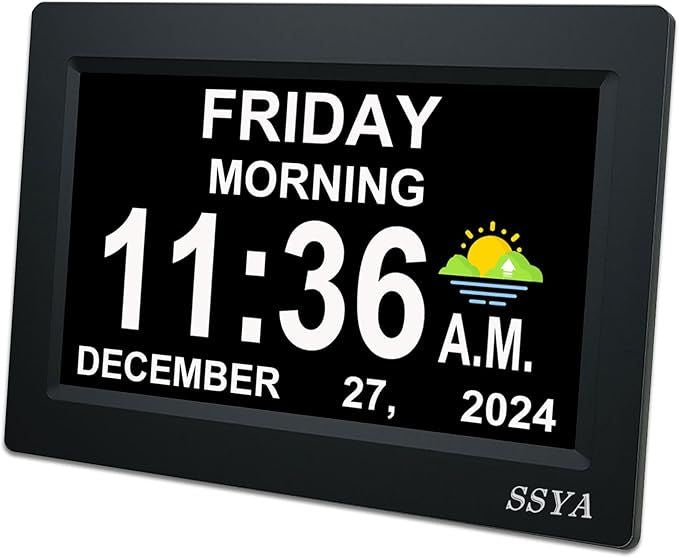 7 Inch Calendar Clock - 12 Alarm Options, Level 5 Auto Dimmable Display,Extra Large Impaired Vision Digital Clock with Non-Abbreviated Day & Month (Black)
