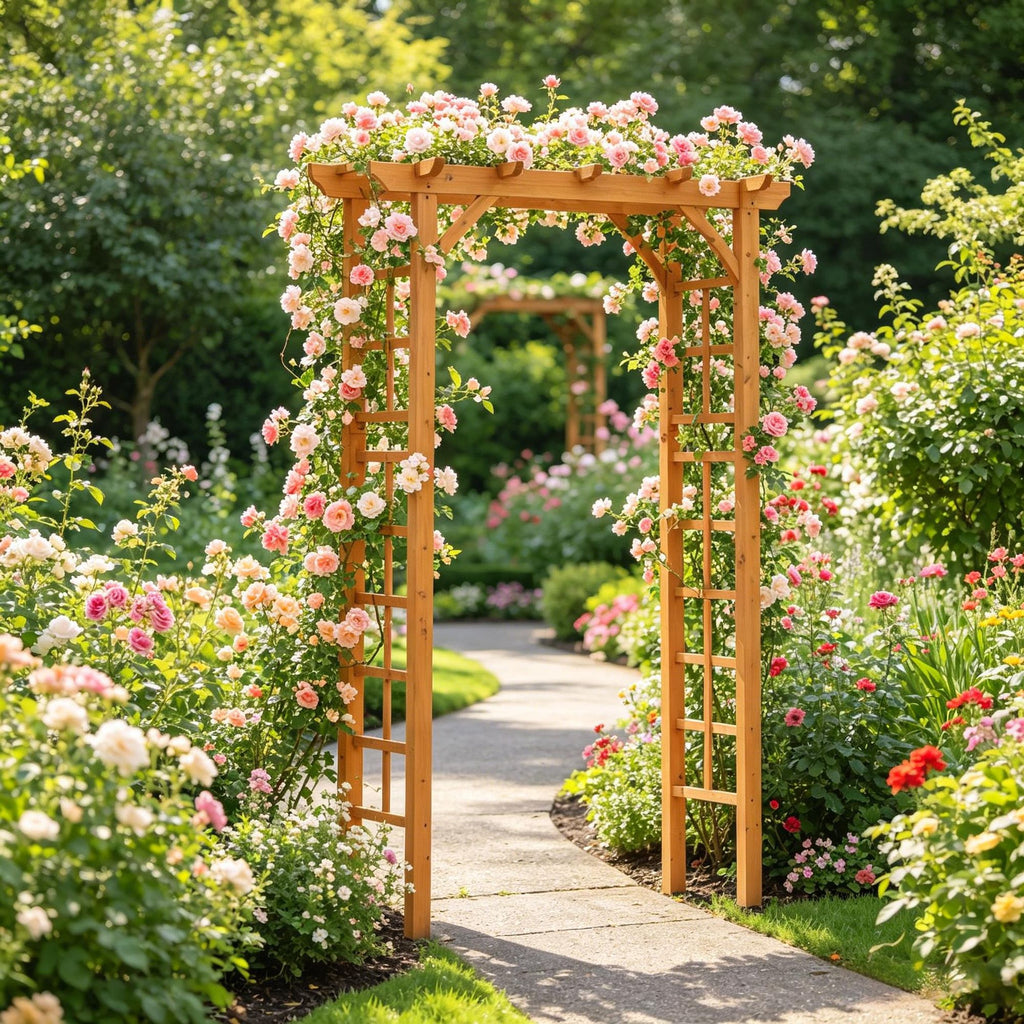 7' Orange Wood Steel Outdoor Garden Arched Trellis Arbor with Natural Fir Wood Side Panel for Climbing Vines