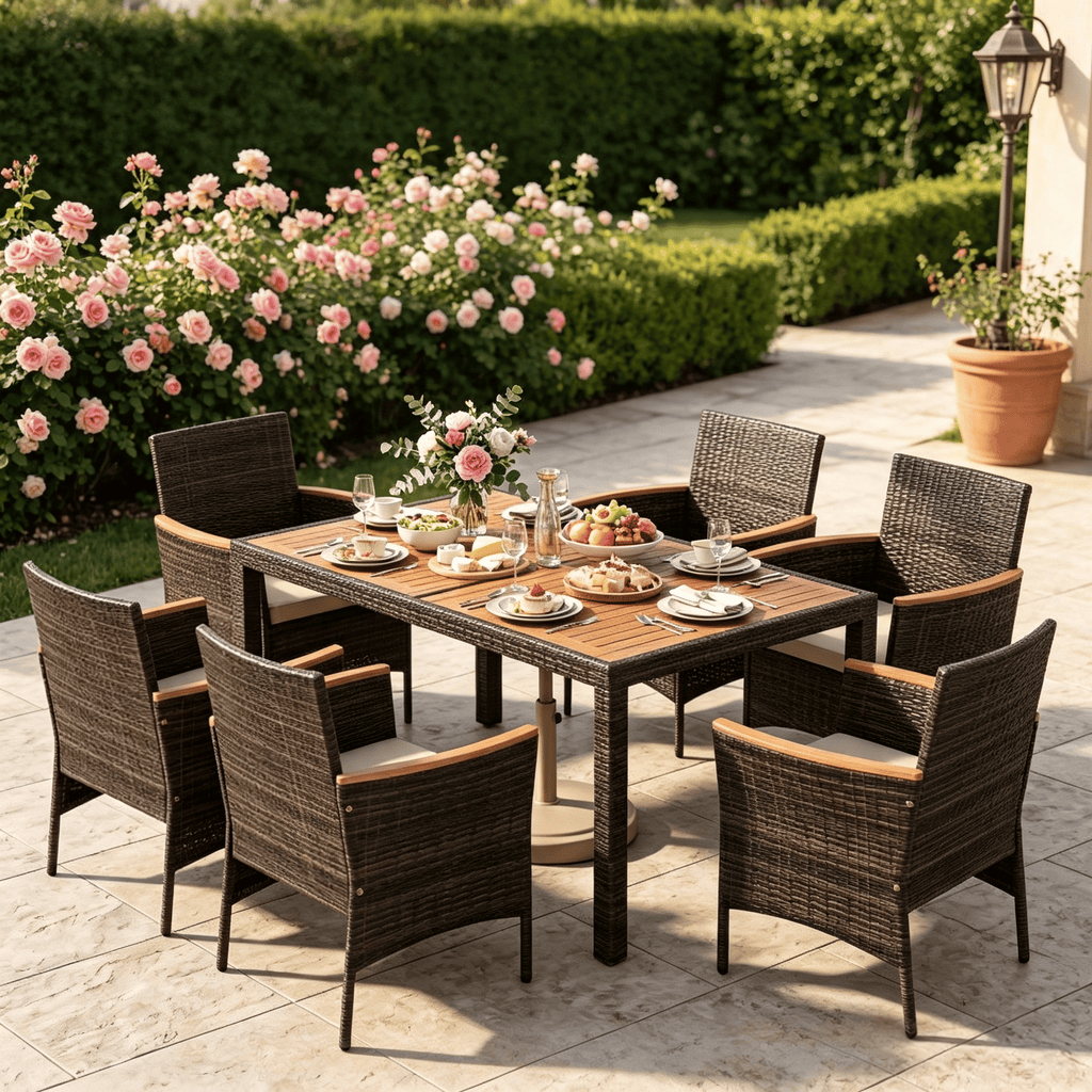 7-Piece Patio Dining Set Wood Tabletop Padded Cushion Backyard Furniture Outdoor Dining Table with Chairs