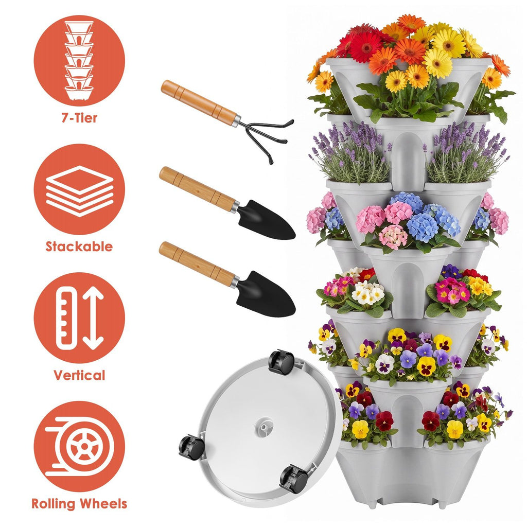 7 Tier Stackable Vertical Planter with Wheels Strawberry Planter Tower Space Saving Garden Planter with Drainage System Rolling Herb Flower Vegetable Growing Pots with Gardening Tools