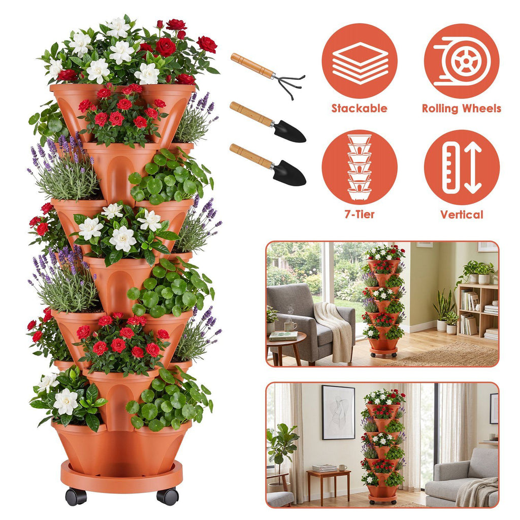 7 Tier Stackable Vertical Planter with Wheels Strawberry Planter Tower Space Saving Garden Planter with Drainage System Rolling Herb Flower Vegetable Growing Pots with Gardening Tools