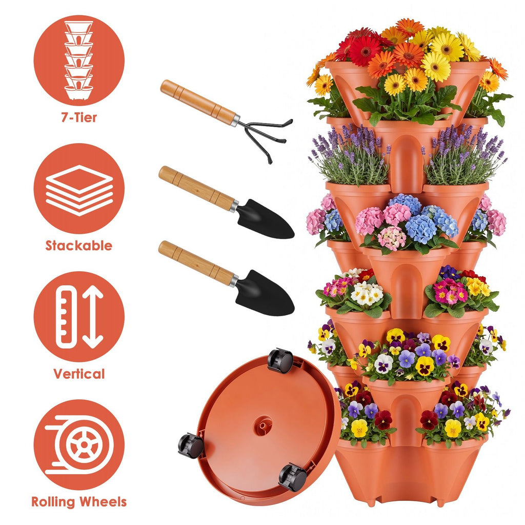 7 Tier Stackable Vertical Planter with Wheels Strawberry Planter Tower Space Saving Garden Planter with Drainage System Rolling Herb Flower Vegetable