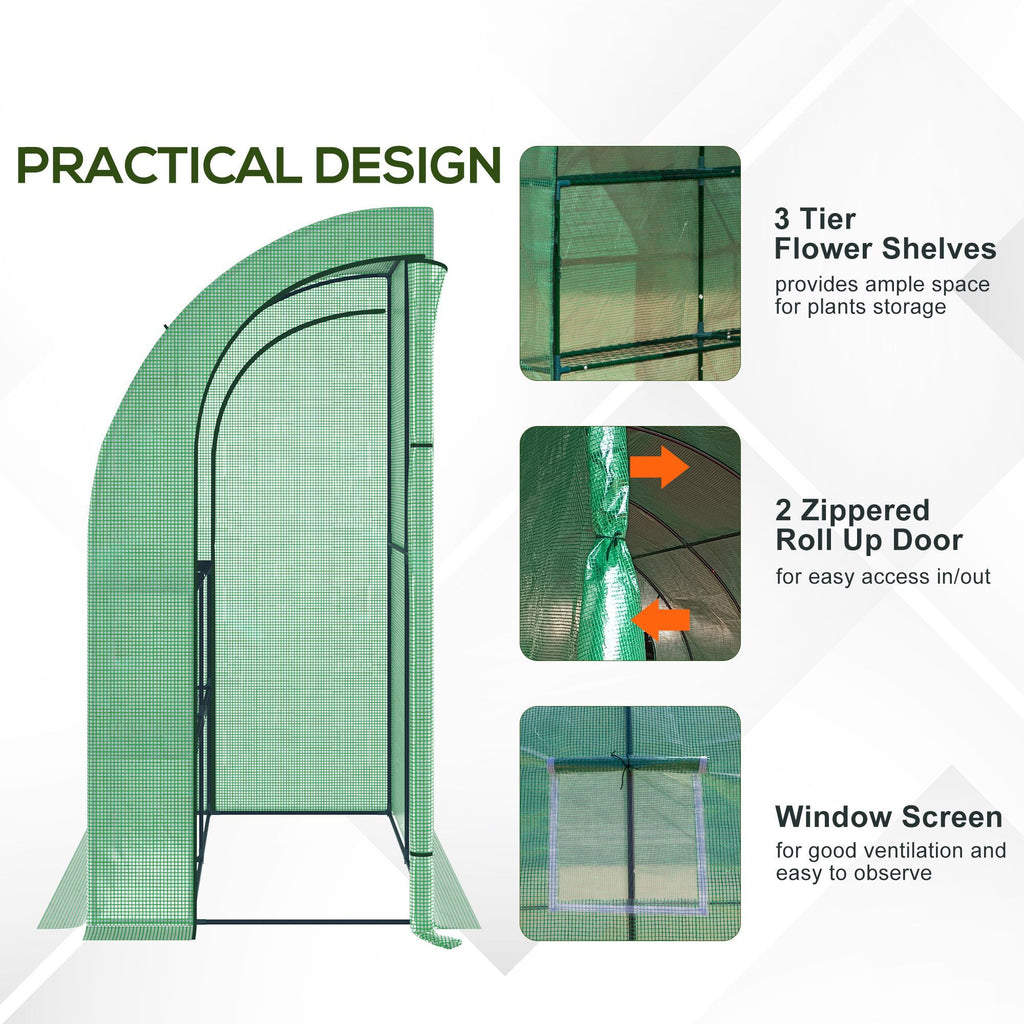 7' x 3' x 7' Lean to Greenhouse, Walk-In Green House, Plant Nursery with 2 Roll-up Doors and Windows, PE Cover and 3 Wire Shelves, Green