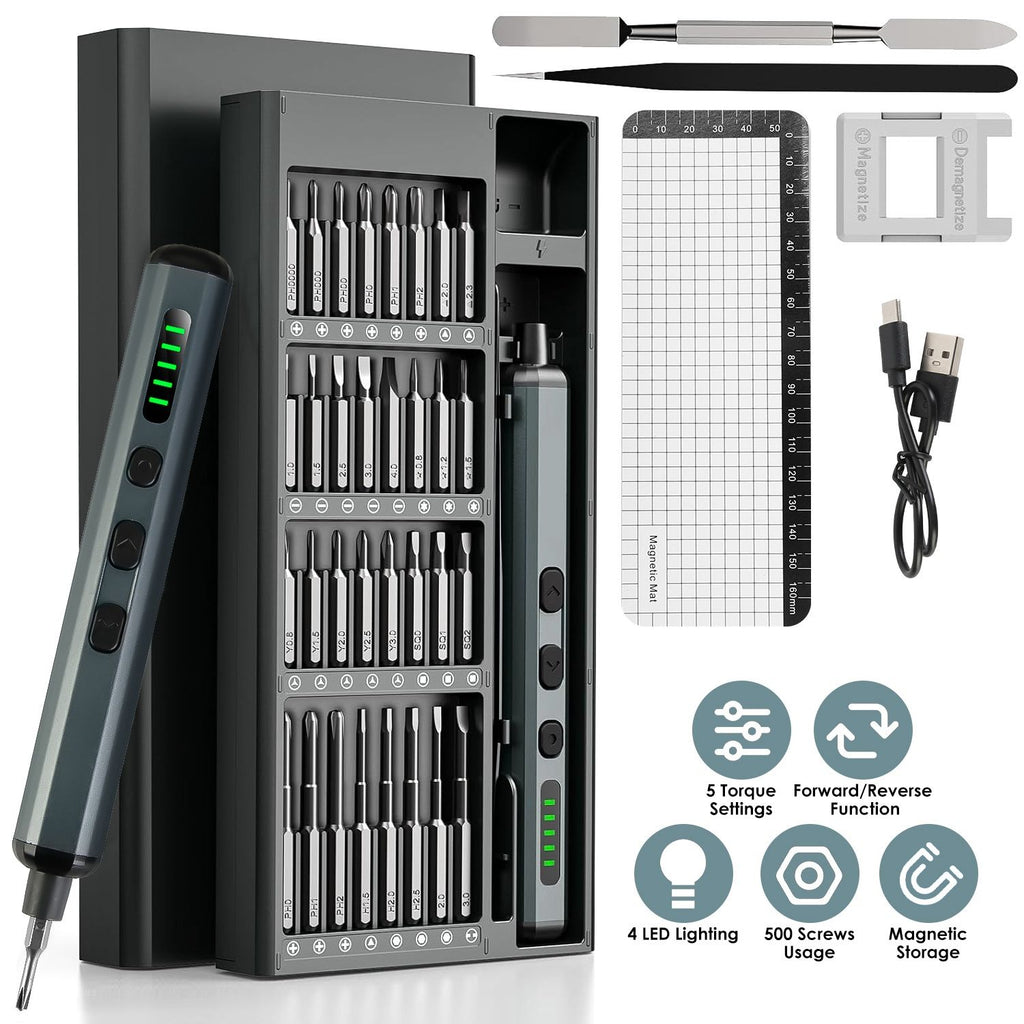 70 In 1 3.7V Mini Electric Screwdriver Kit Rechargeable Magnetic Repair Tool Kit with 5 Torque Settings 64 S2 Precision Bits 4 LED Lights for Phone Camera Laptop Watch Repair GPCT5315