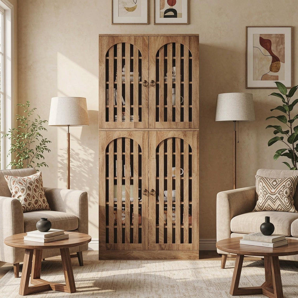 70.8 Inch Wooden Kitchen Pantry Cupboard Storage Cabinet with 4 Slatted Doors for Home Organization