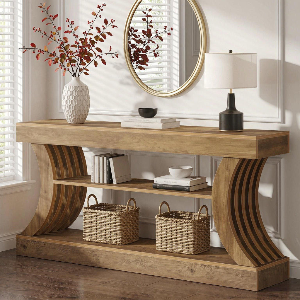 70.9 Inch 3-Tier Console Table Entryway Couch Table Sofa Back Organizer Wood Living Room Decorative Display Shelf