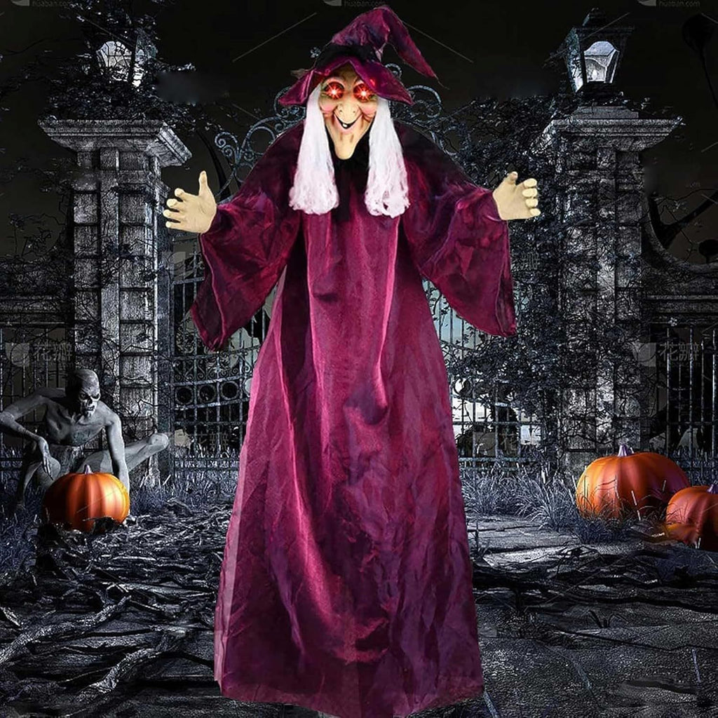 70in Hanging Witch Halloween Decor, Sound & Touch Activated Talking Witch with Glowing Red Eyes, Animated Indoor Outdoor Halloween Prop for Haunted Houses, Yard, and Parties (Red)