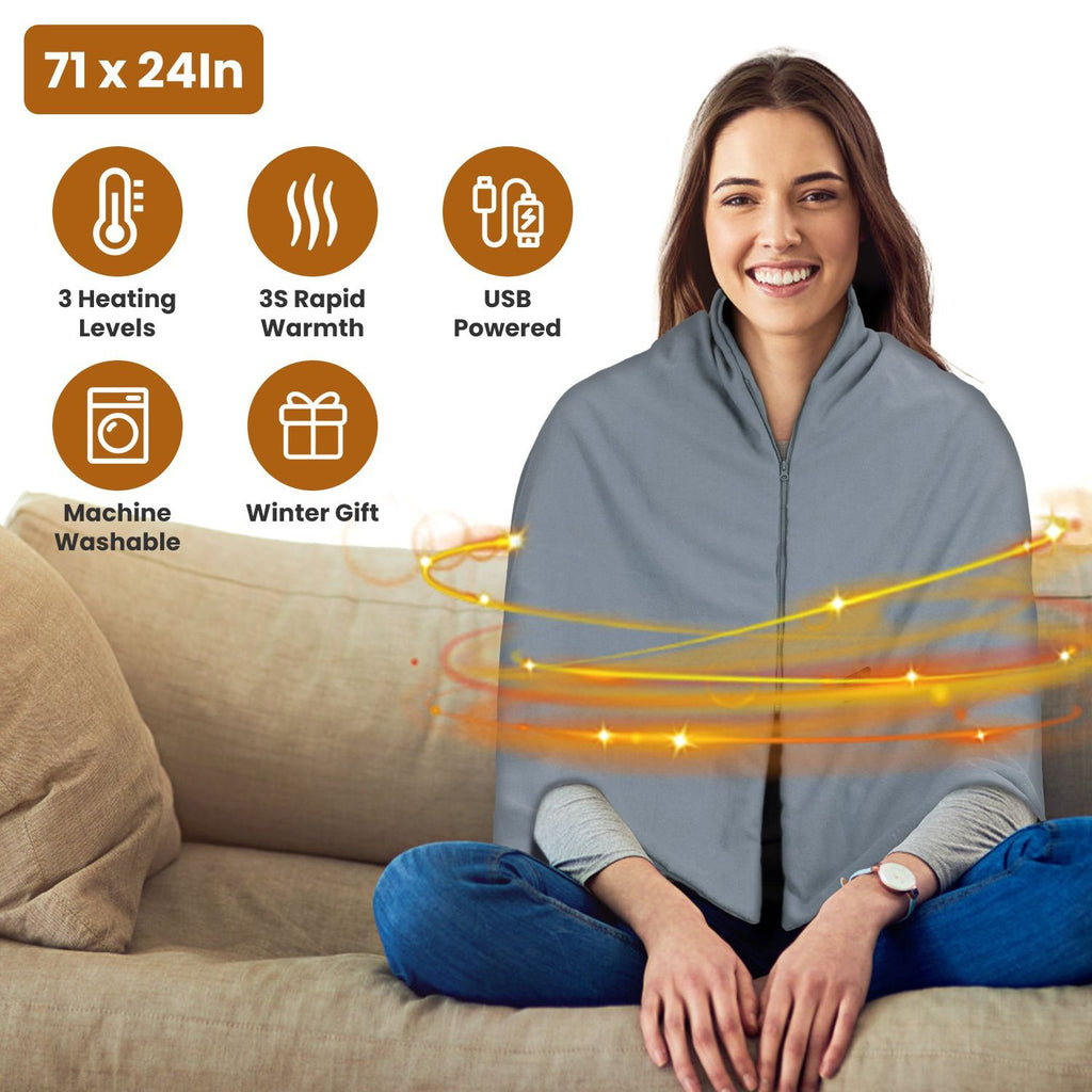 71x24In USB Heated Shawl Wearable Heating Blanket Electric Throw Wrap Indoor Outdoor with Zipper 3 Heating Levels Machine Washable for Outdoor Home Office