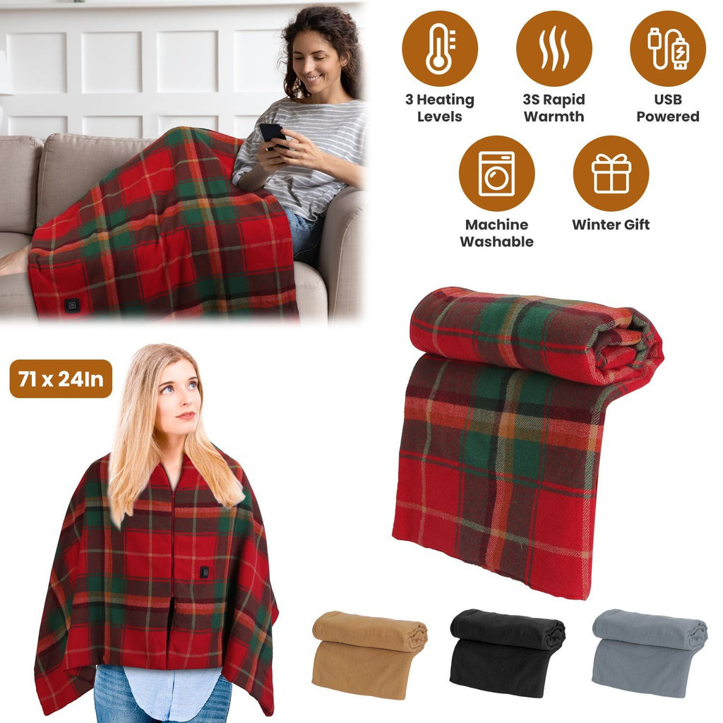 71x24In USB Heated Shawl Wearable Heating Blanket Electric Throw Wrap Indoor Outdoor with Zipper 3 Heating Levels Machine Washable for Outdoor Home Office