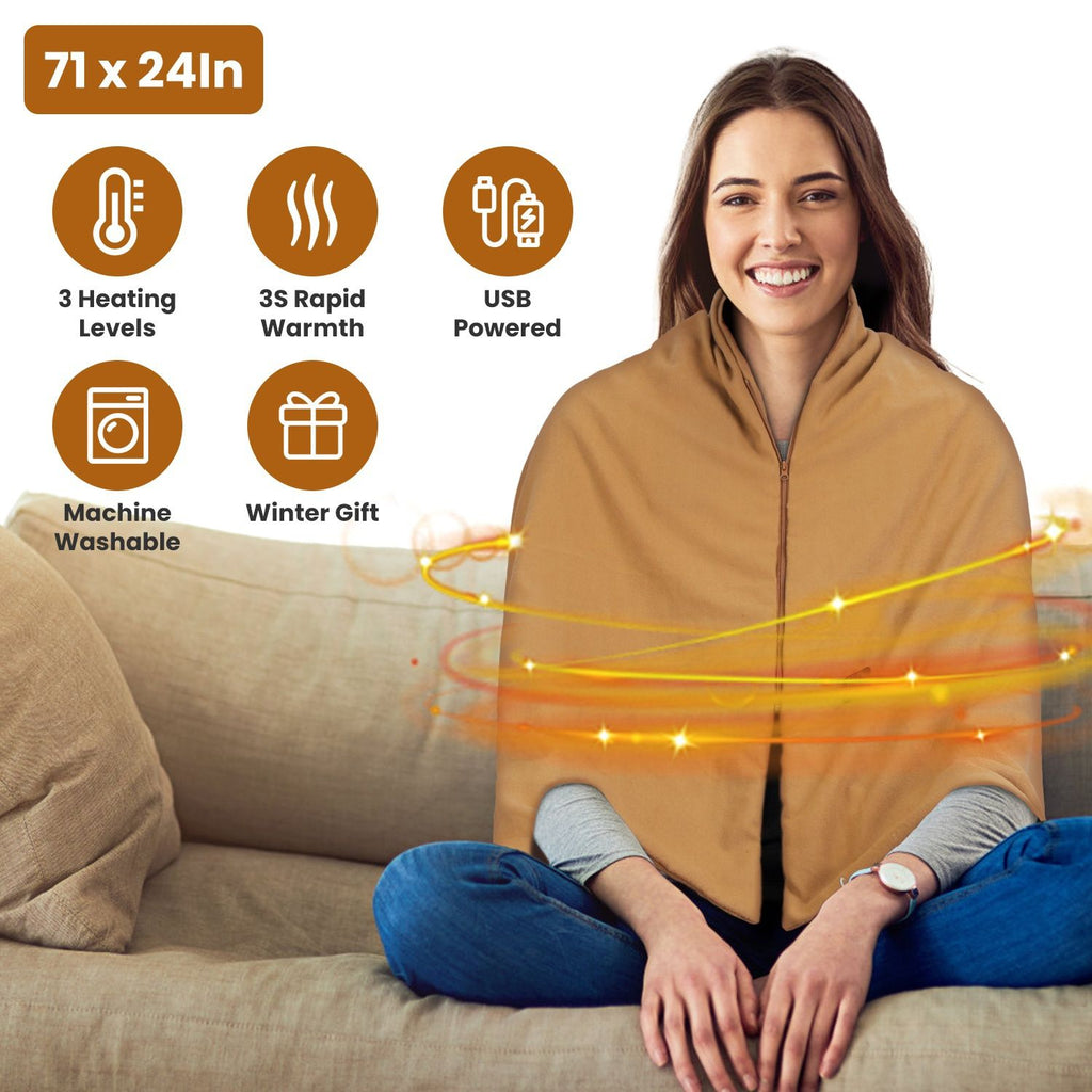 71x24In USB Heated Shawl Wearable Heating Blanket Electric Throw Wrap Indoor Outdoor with Zipper 3 Heating Levels Machine Washable for Outdoor Home Office