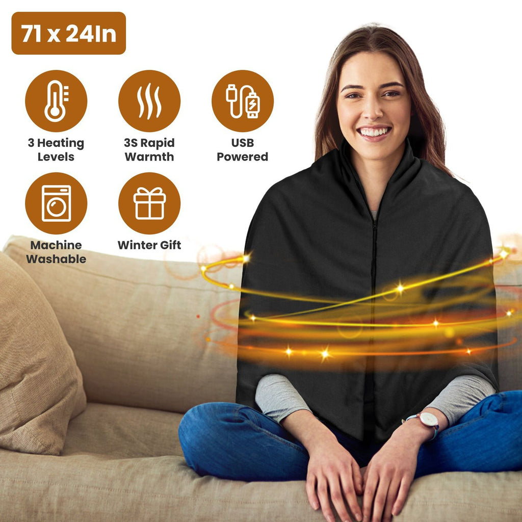 71x24In USB Heated Shawl Wearable Heating Blanket Electric Throw Wrap Indoor Outdoor with Zipper 3 Heating Levels Machine Washable for Outdoor Home Office