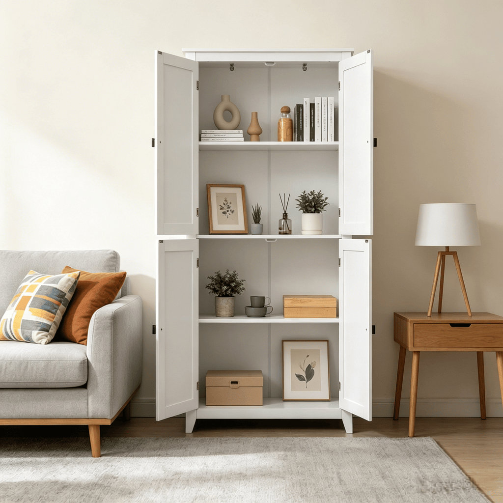 72" Farmhouse Freestanding Kitchen Pantry Cabinet Tall Storage with 4 Door Shelves Adjustable for Dining Room