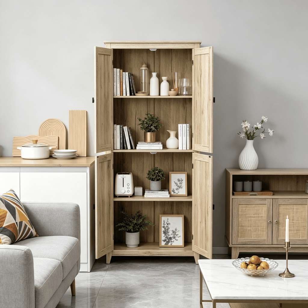 72" Natural Farmhouse Freestanding Kitchen Pantry Cabinet Tall Storage with 4 Door Cabinets And Adjustable Shelves for Dining Room