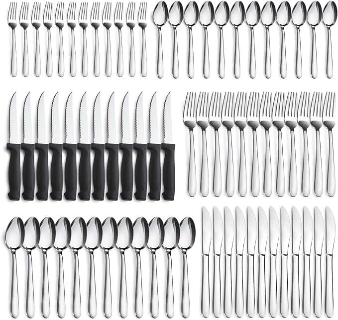 72-Pieces Silverware Set for 12, Flatware Set with Steak Knives, Stainless Steel Cutlery Set, Include Forks Spoons and Knives Set, Dishwasher Safe Utensil Sets for Home Restaurant