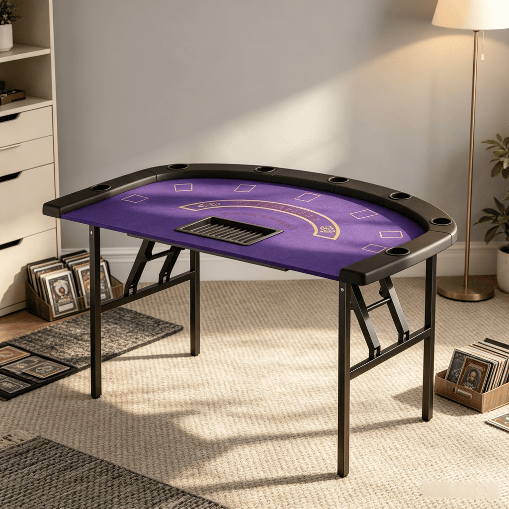 72" Portable Foldable Dark Blue Poker Table for 8 Players with Felt Surface And Cup Holders Casino Blackjack Gaming Table