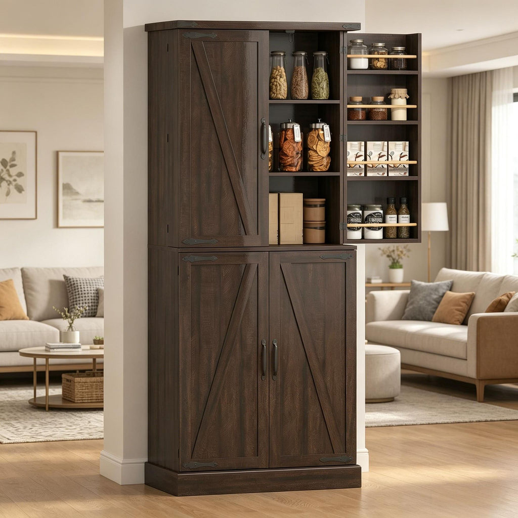 72" Tall Distressed Brown Kitchen Pantry Cabinet Farmhouse Storage with 8 Door Racks And Adjustable Shelves for Kitchen Organization