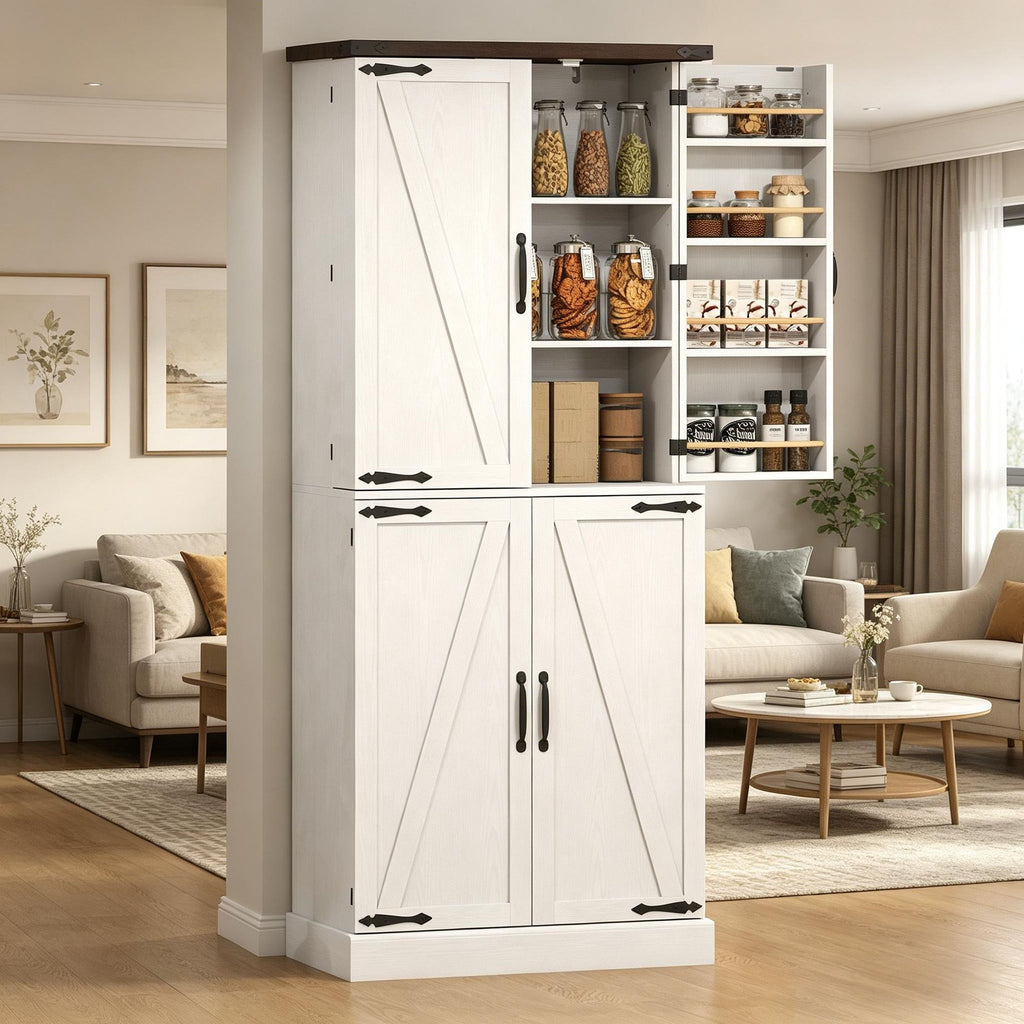 72" Tall White Kitchen Pantry Cabinet Farmhouse Storage with 8 Door Racks And Adjustable Shelves for Kitchen Organization