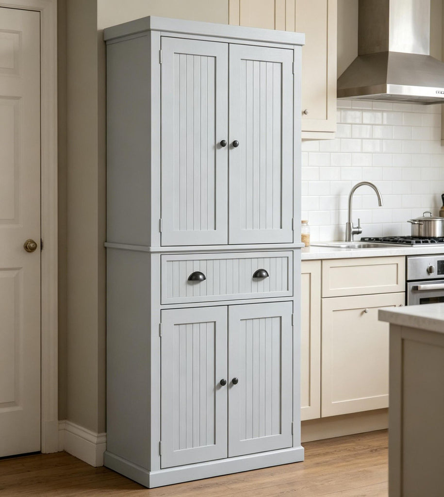 72" Traditional Gray Kitchen Pantry Cabinet Freestanding Tall Storage with 4 Doors Drawer And 3 Adjustable Shelves for Dining Room