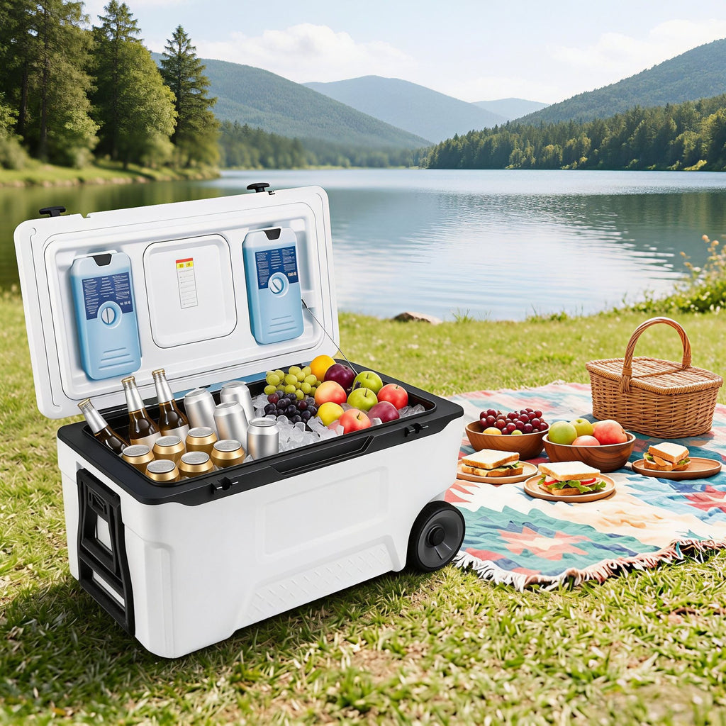 74-Quart Portable Rolling Cooler with Fish Ruler for Outdoor Use - Large Capacity Picnic Basket Cooler on Wheels