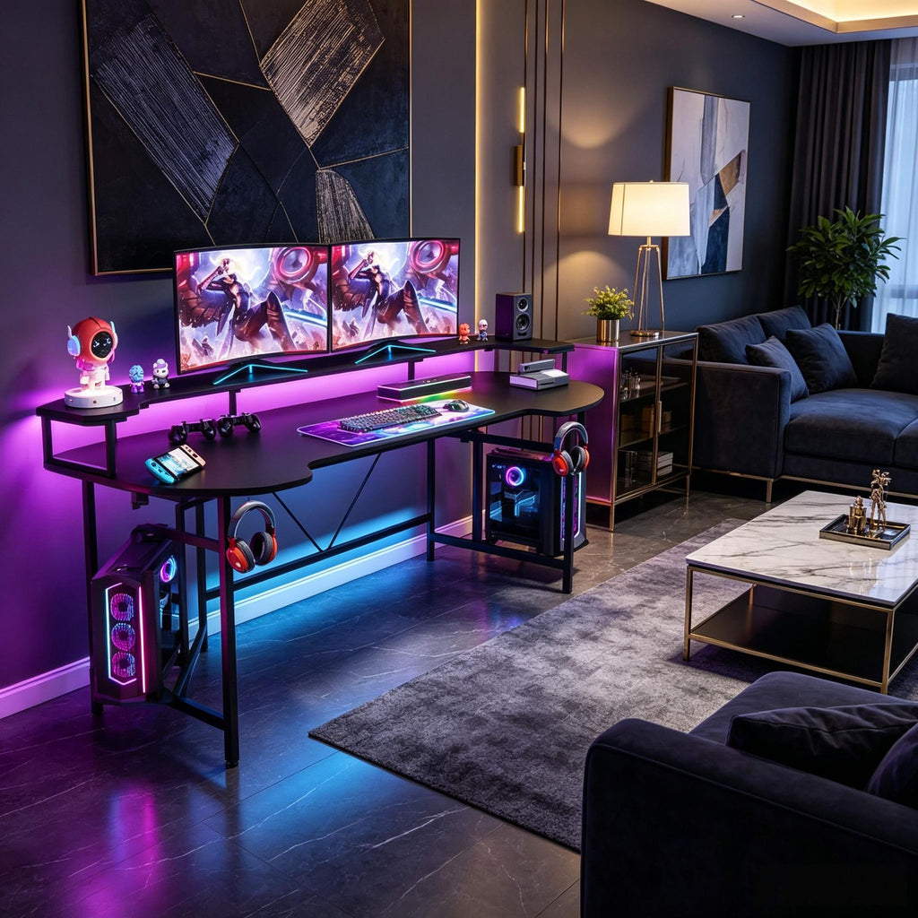 75" Black Gaming Desk with LED Strip And Monitor Shelf Computer Desk