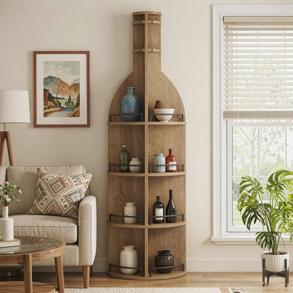 75" round Wine Cabinet Rack with Shelves And Hanging Goblet Holder - No Light Feature Wood Wine Storage(No Lights)