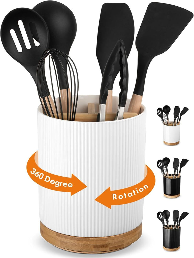 7.5" Utensil Holder, 3 Compartment Ceramic Kitchen Utensil Holder with Cork Bottom, Large Utensil Crock for Countertop, Cooking Tool Organizer Set for Kitchen Counter(White,Vertical Stripe)