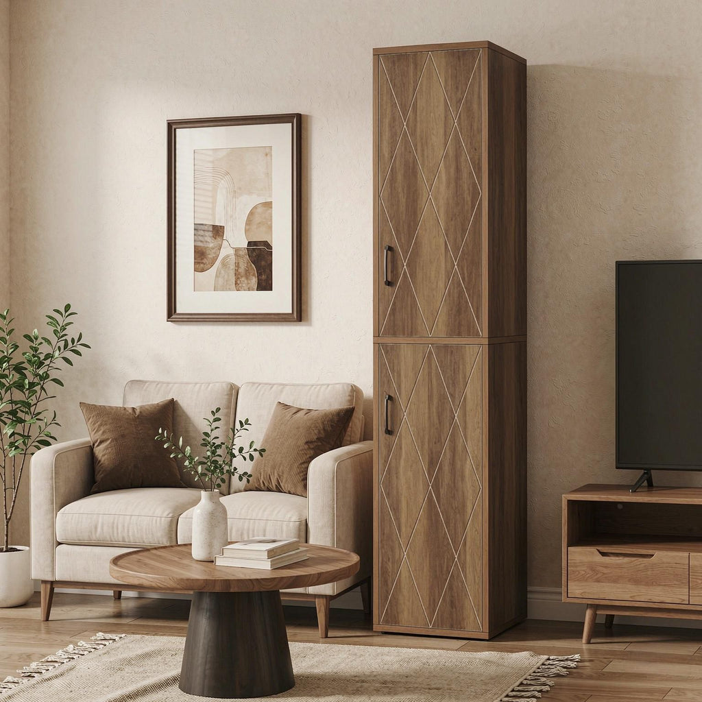 75" Wood Storage Cabinet Free-Standing Cube Cabinet with 6 Shelves for Living Room Bedroom Hallway Organizer