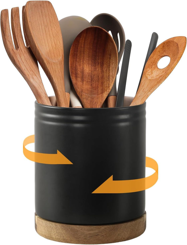 7.6" 360° Rotating Utensil Holder, Kitchen Utensil Holder for Countertop, Ceramic Utensil Crock, Large Cooking Utensil Caddy for Kitchen Counter, Protection Cork Bottom, Black